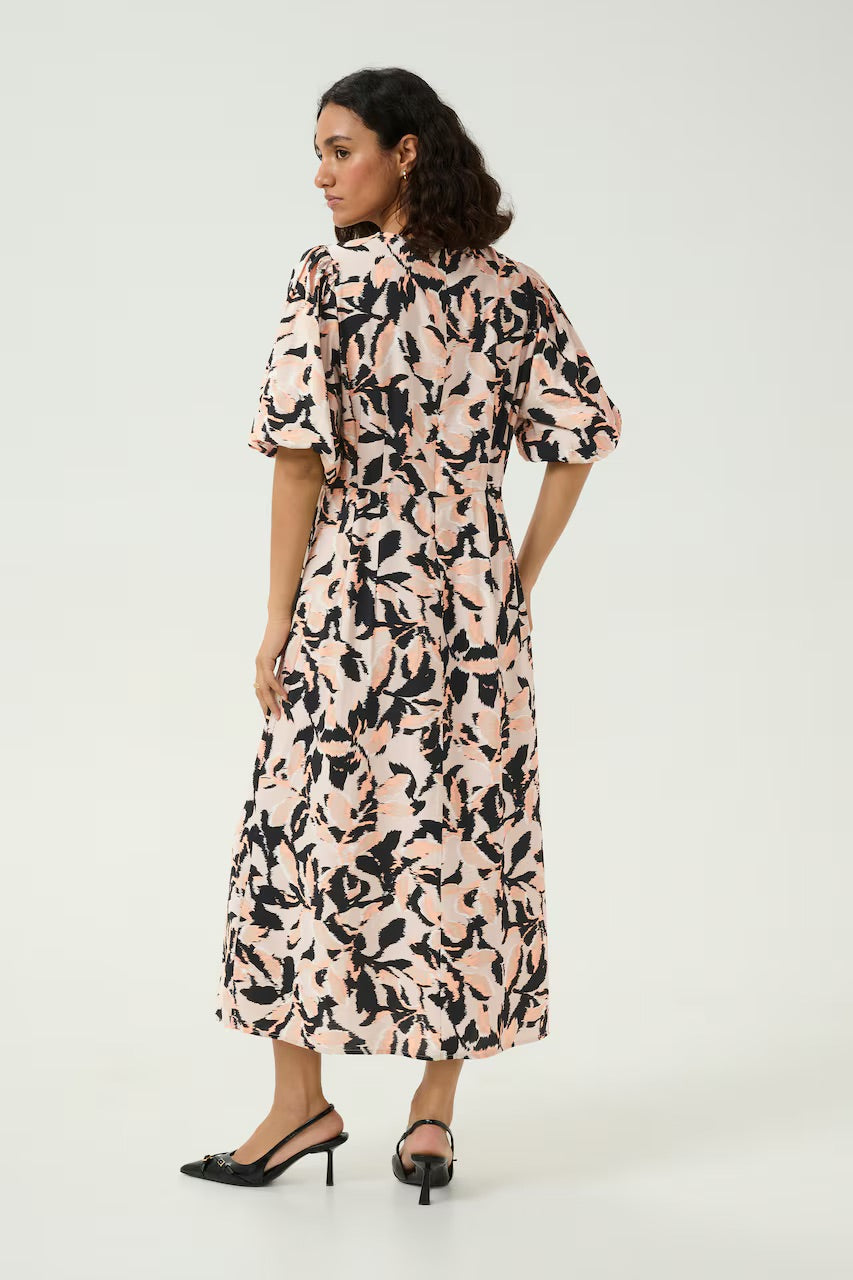 Kaffe KApaco Cream Black Abstract Floral Midi Dress – Round Neck Puff Sleeves A-Line | Women