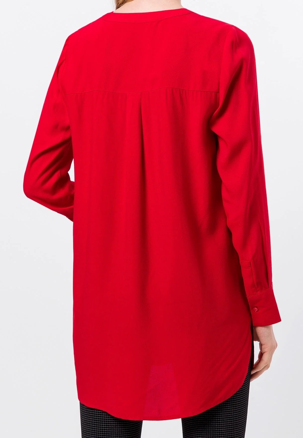 Zero Red Longline Crepe Blouse – Collarless Long Sleeve | Women