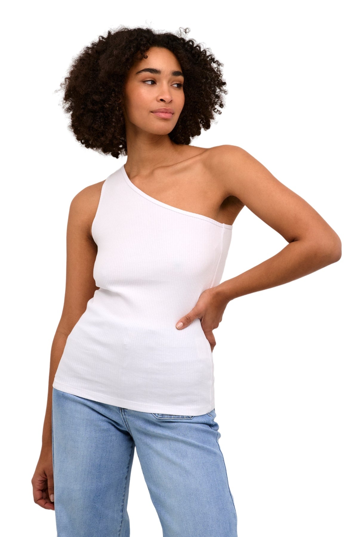Kaffe KApia White One Shoulder Ribbed Top – Fitted Sleeveless Asymmetric | Women