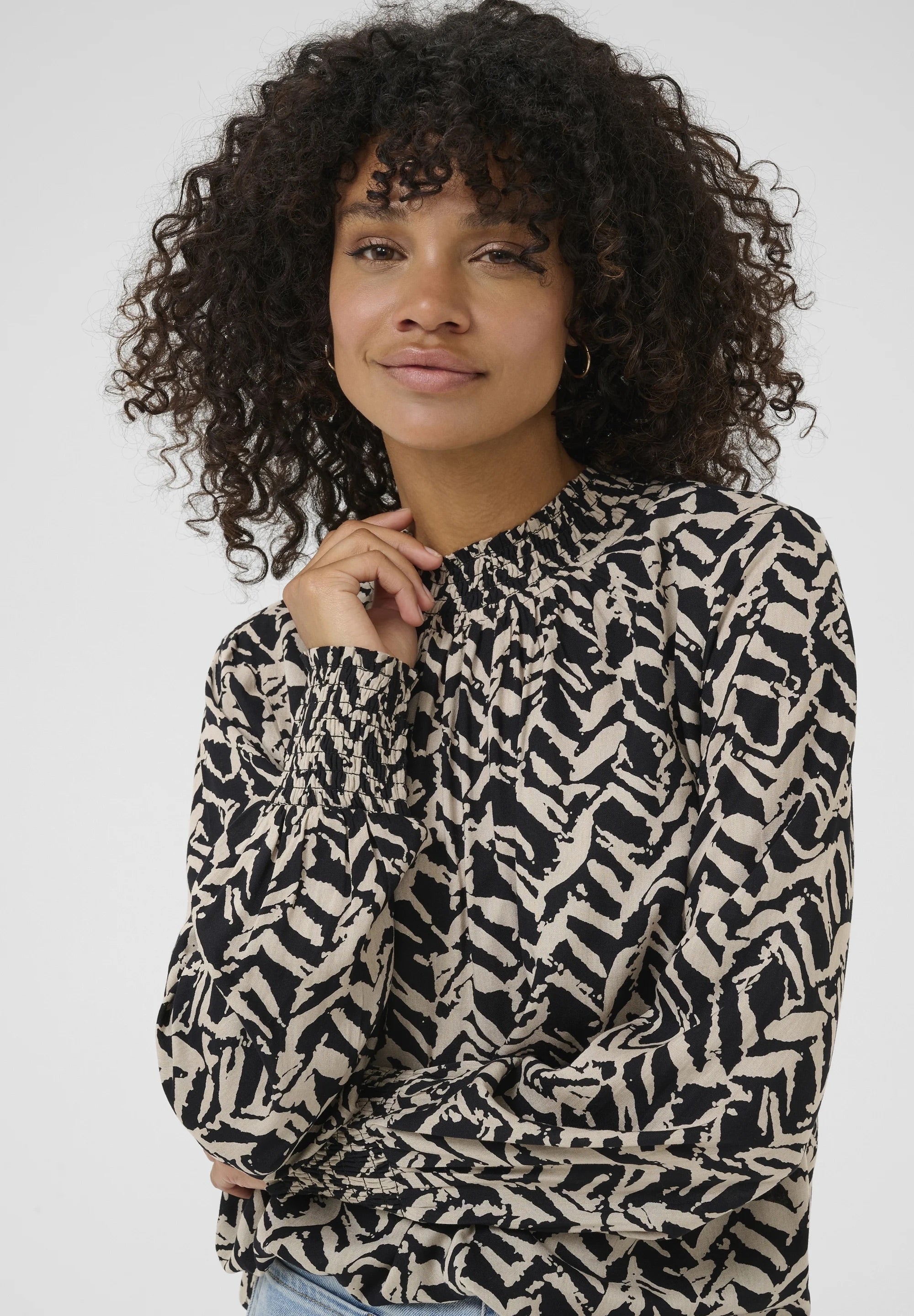 Kaffe KAdina Black Cream Abstract Zebra Print Smocked High Neck Blouse – Long Puff Sleeves Smocked Cuffs | Women