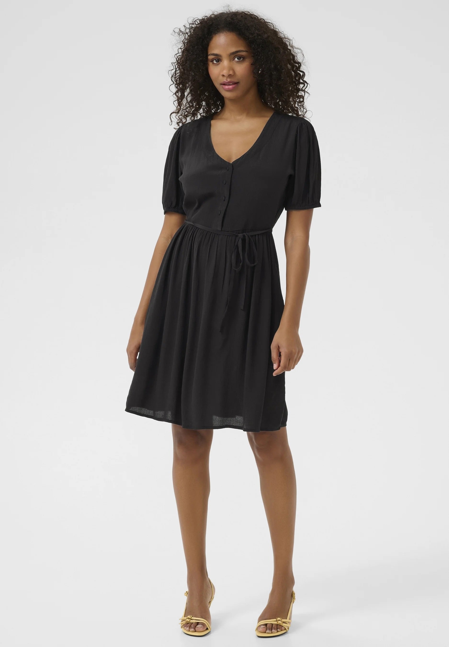 Kaffe KAliana Black Deep Shirt Dress – V-Neck Puff Sleeves Tie Waist Pockets Mini | Women