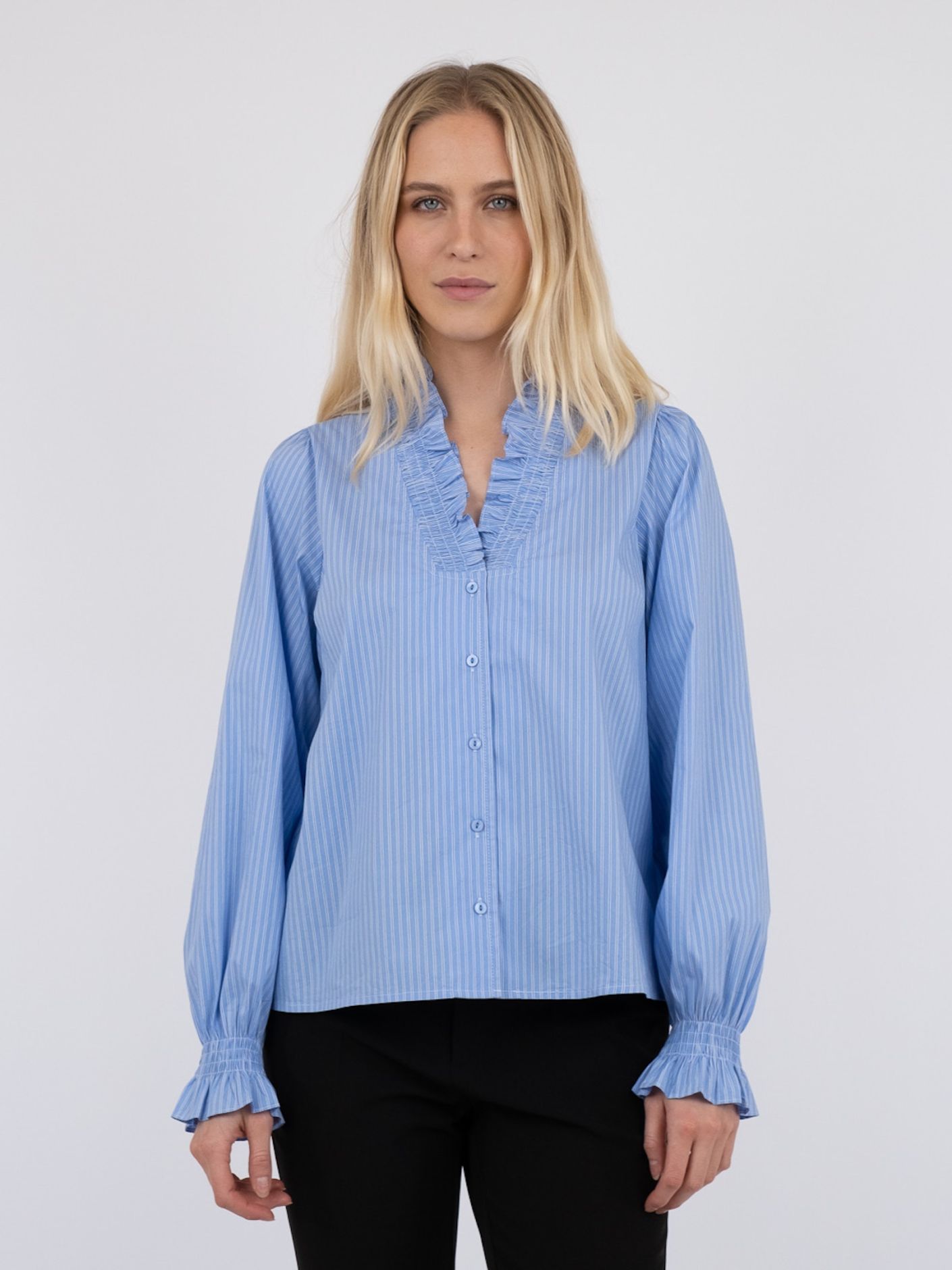 Neo Noir Brielle Stripe Light Blue Shirt – Ruffle Collar Smocked Cuffs | Women