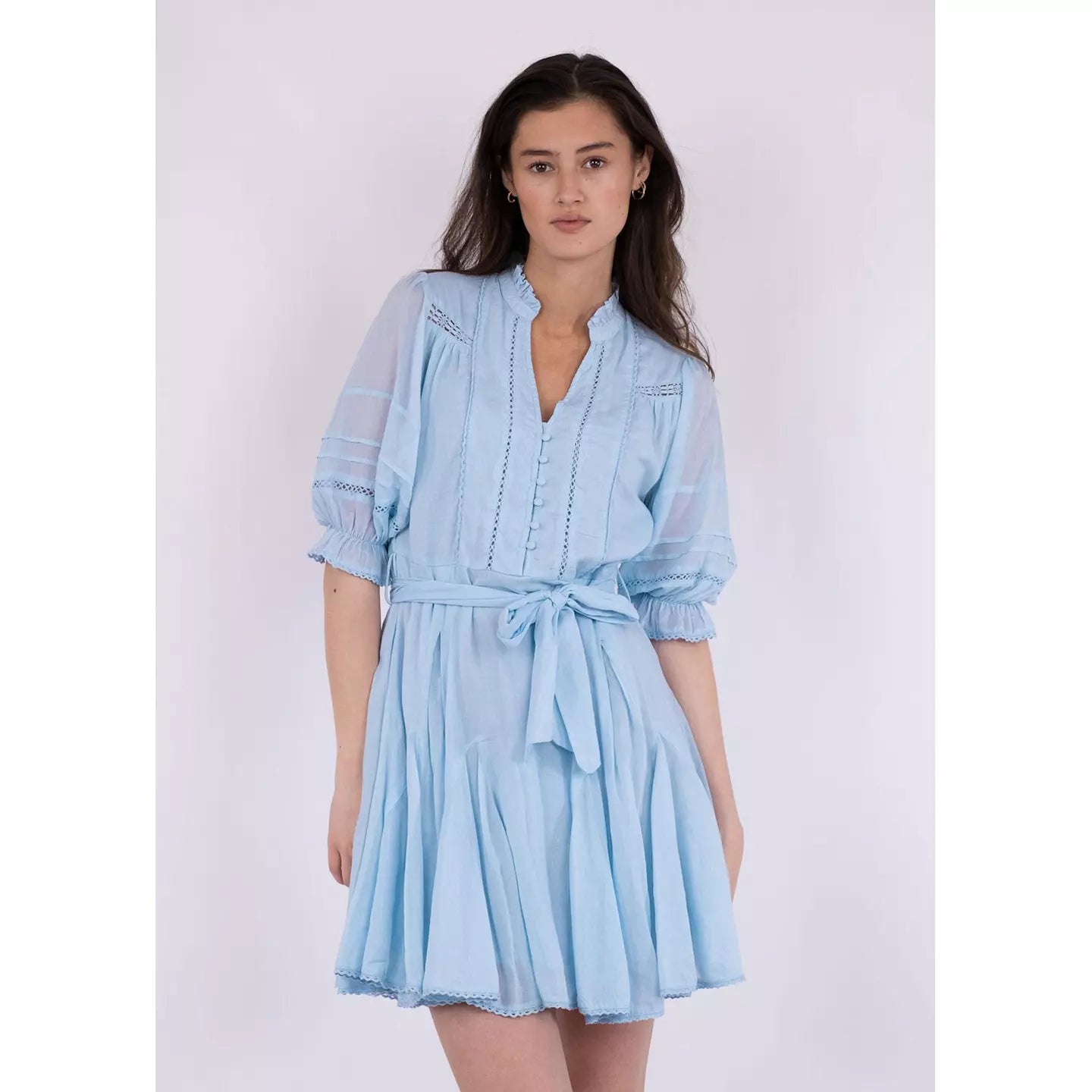 Neo Noir Rigitta Sky Blue Voile Mini Dress – Lace Trim Puff Sleeves Belted | Women