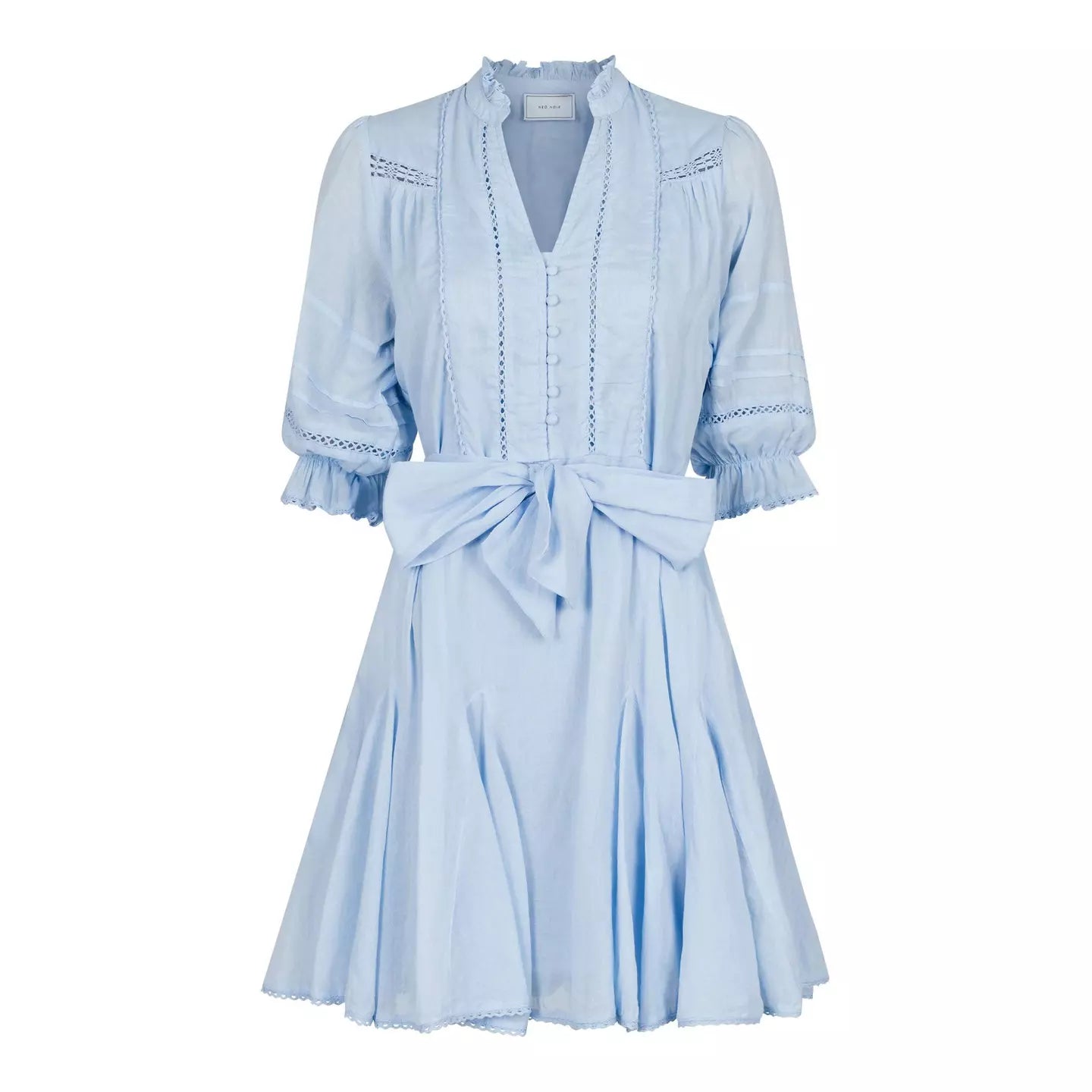 Neo Noir Rigitta Sky Blue Voile Mini Dress – Lace Trim Puff Sleeves Belted | Women