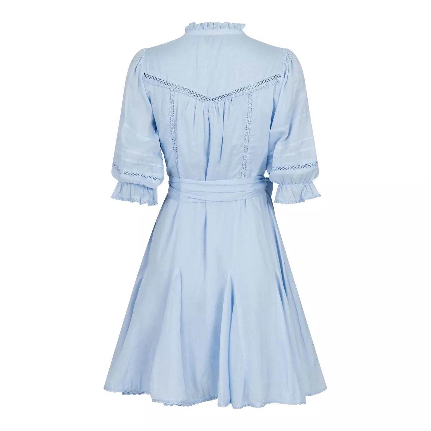 Neo Noir Rigitta Sky Blue Voile Mini Dress – Lace Trim Puff Sleeves Belted | Women
