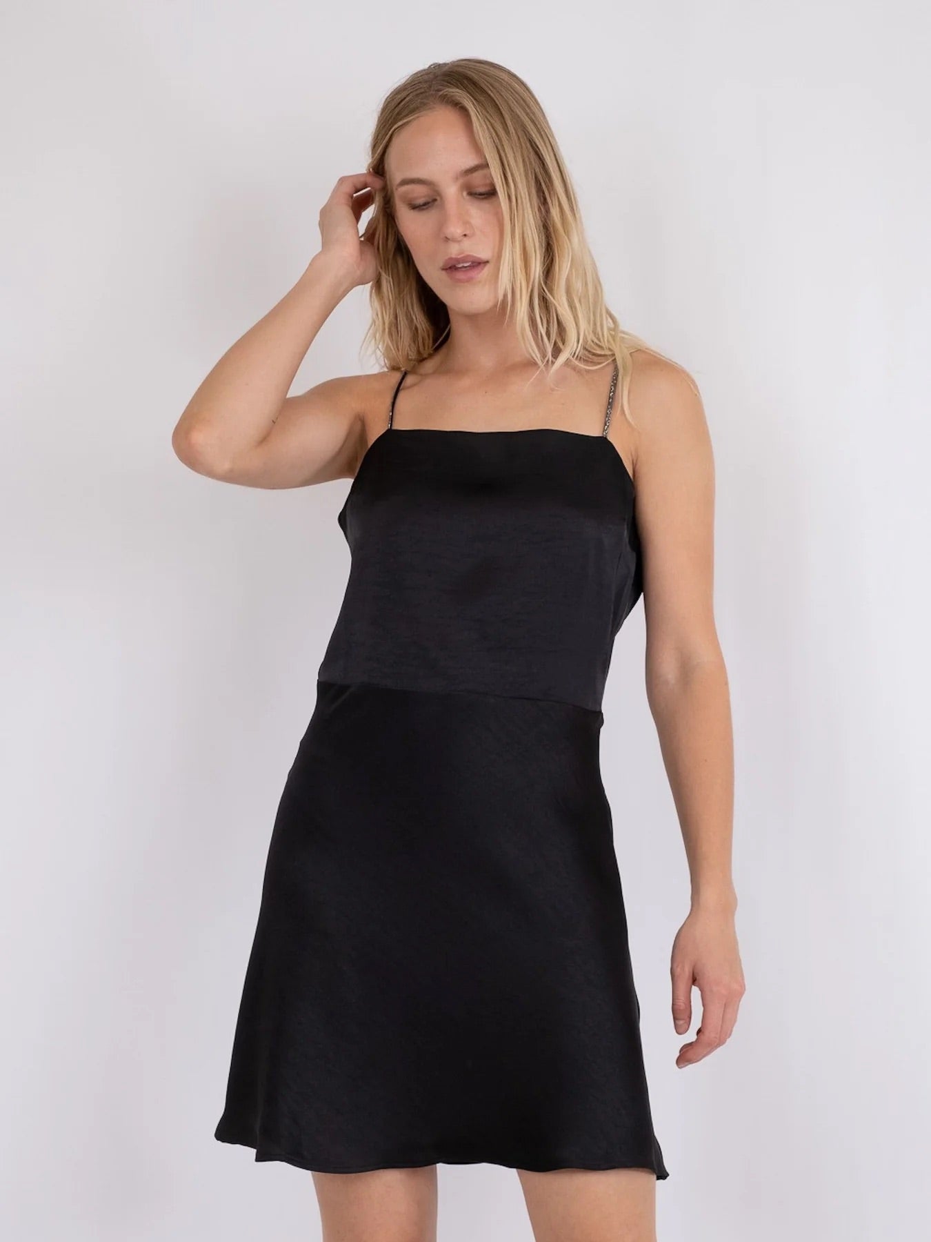 Neo Noir Clara Black Heavy Sateen Slip Mini Dress – Crystal Straps | Women's Designer Outlet