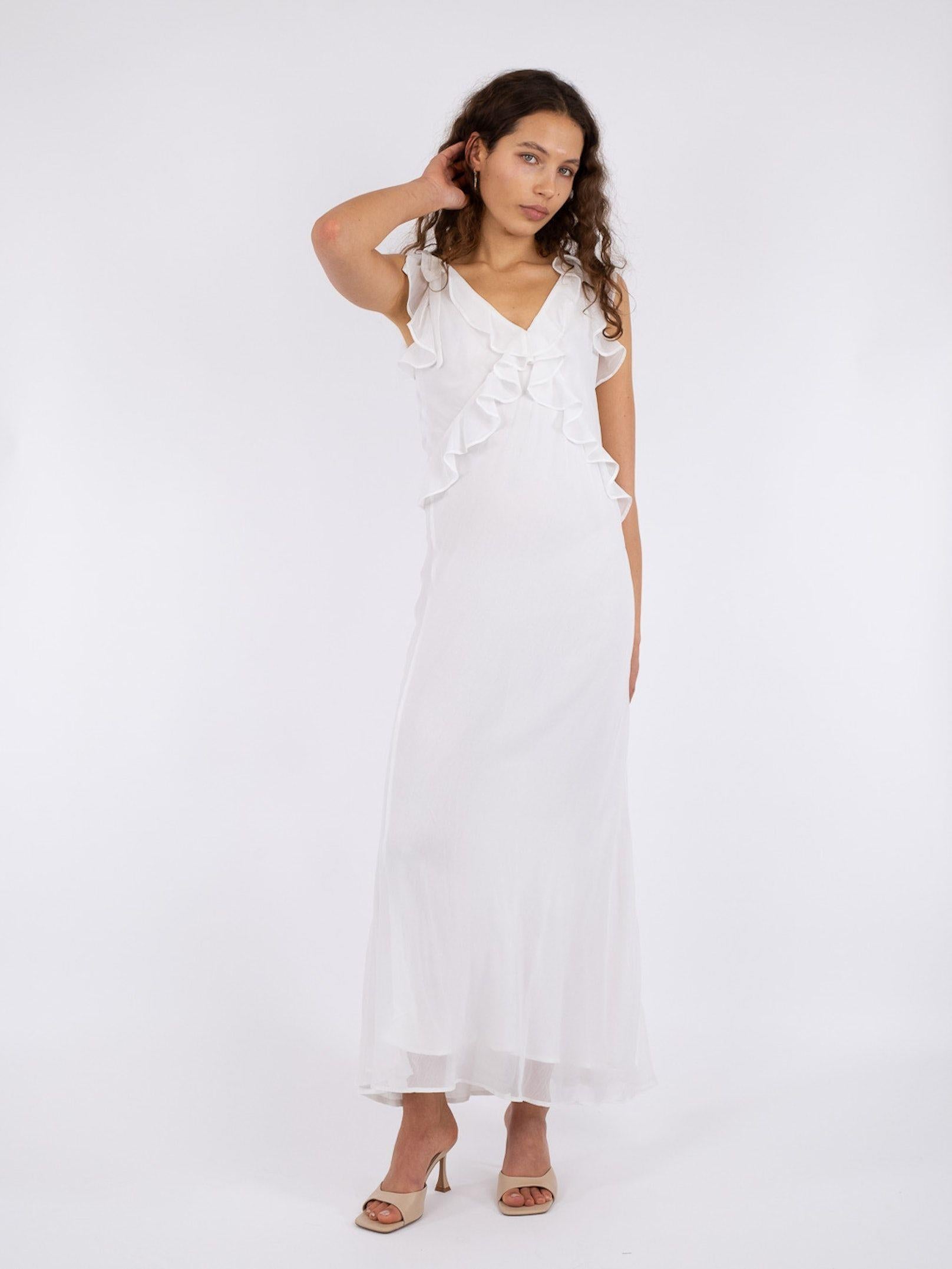 Neo Noir Dara White Chiffon Ruffle V-Neck Maxi Dress – Sleeveless | Women