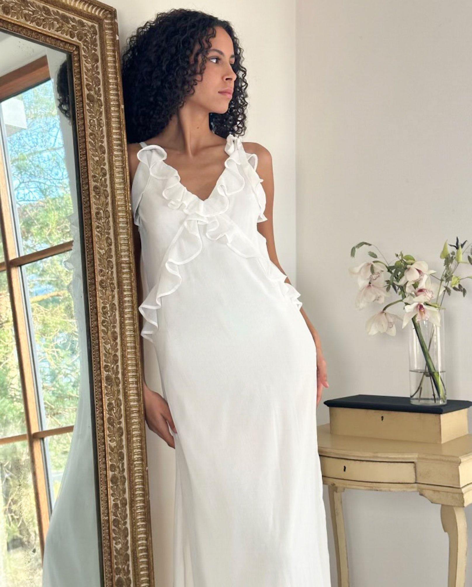Neo Noir Dara White Chiffon Ruffle V-Neck Maxi Dress – Sleeveless | Women