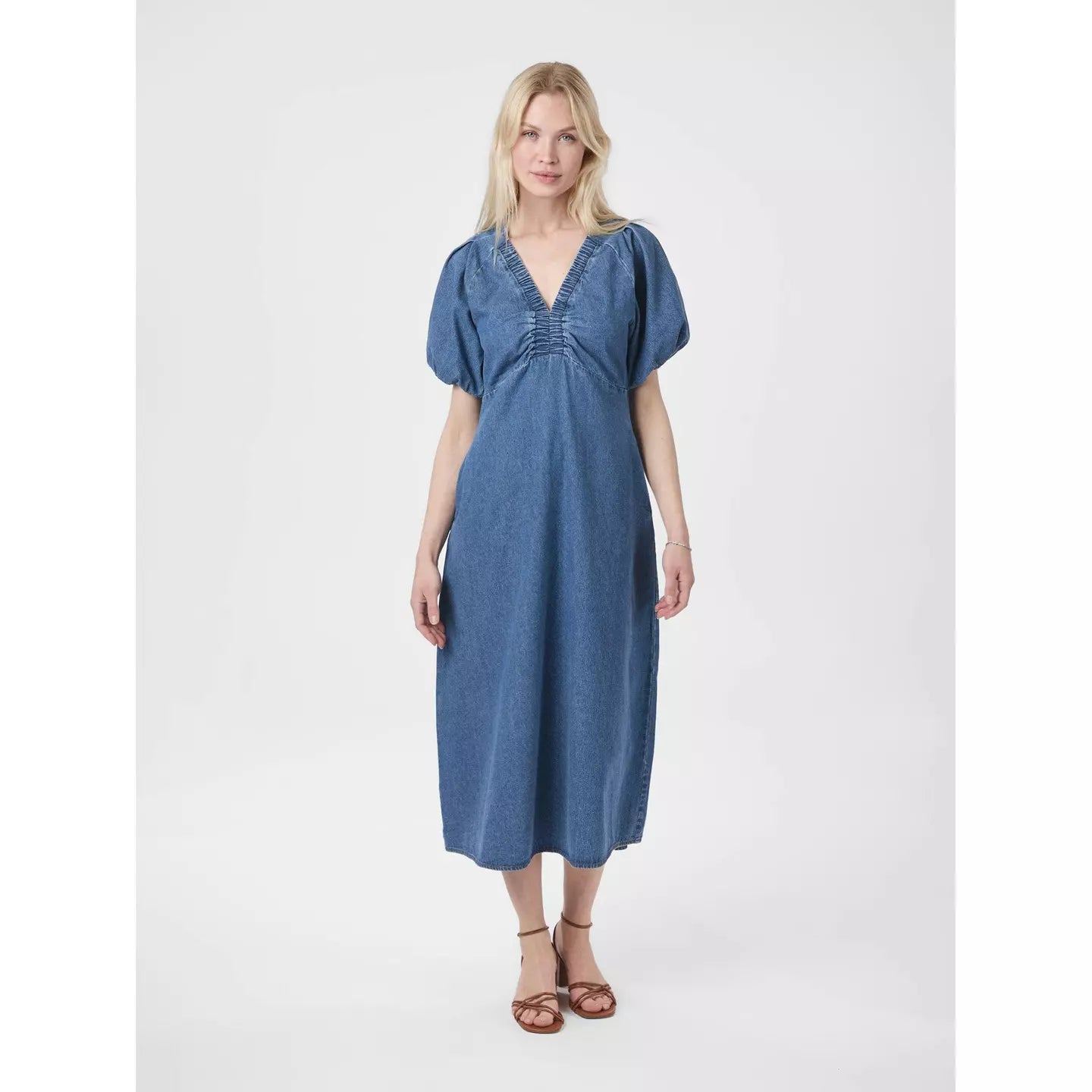 Neo Noir Illana Denim Midi Dress – Ruched V-Neck Puff Sleeves A-Line | Women