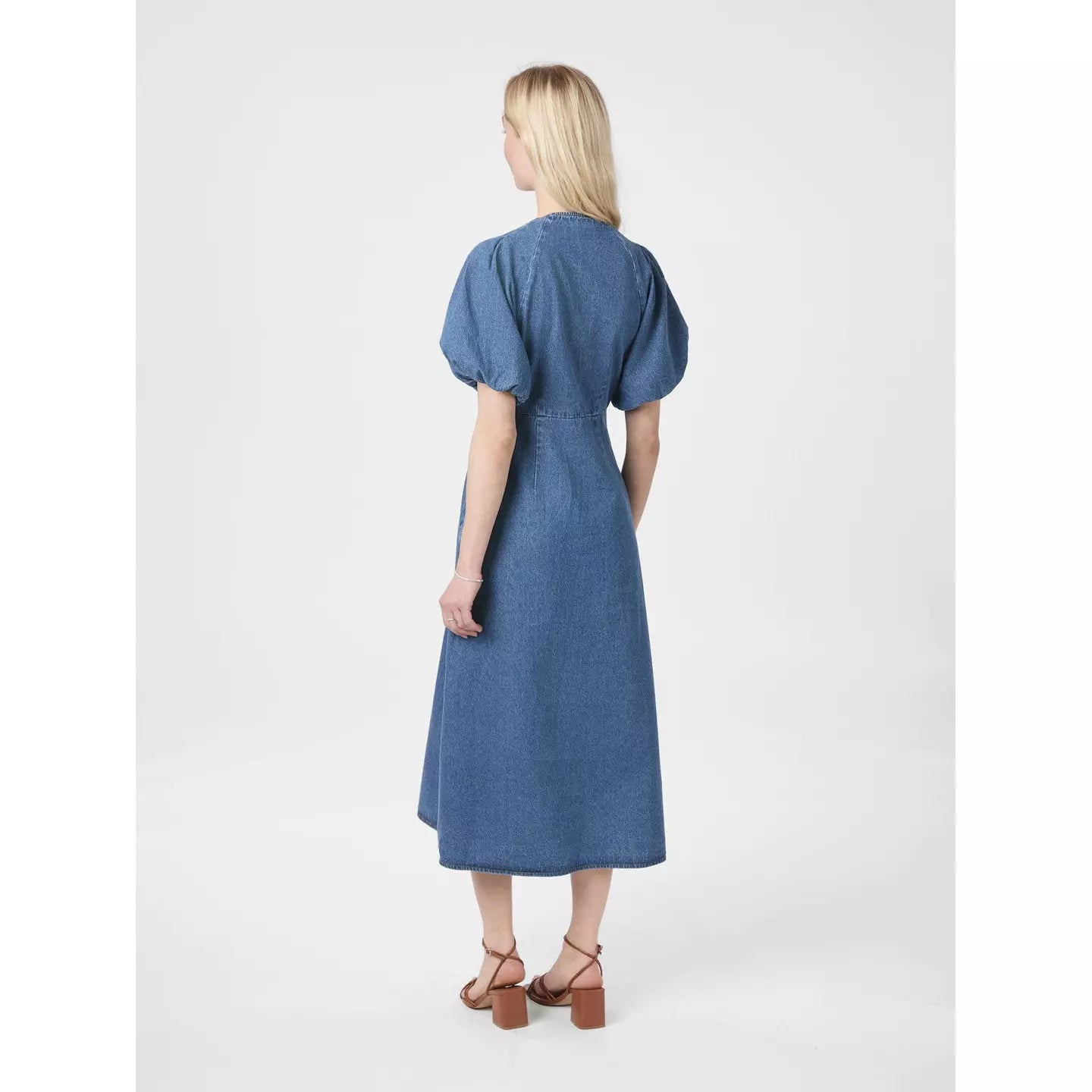 Neo Noir Illana Denim Midi Dress – Ruched V-Neck Puff Sleeves A-Line | Women