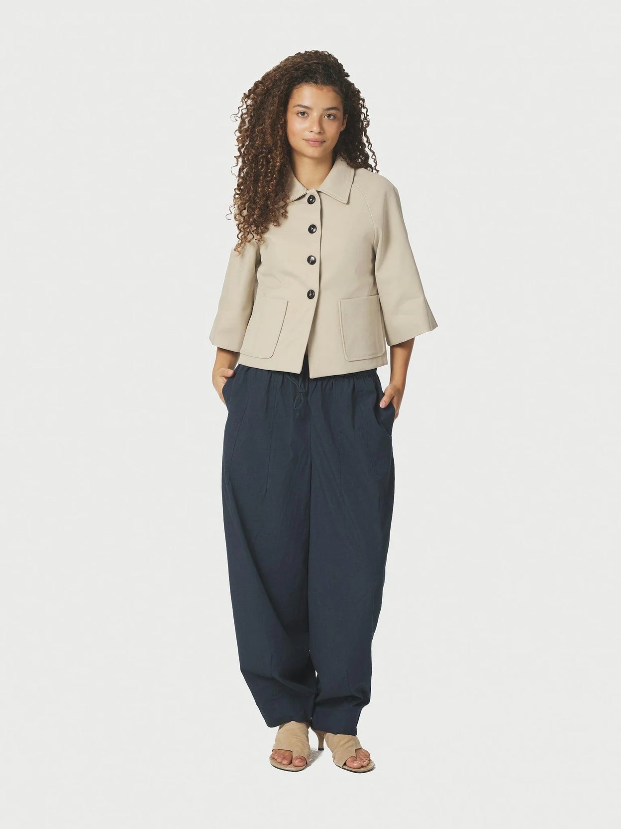 Neo Noir Prina C Navy Poplin Balloon Trousers – Elasticated Drawstring Waist | Women