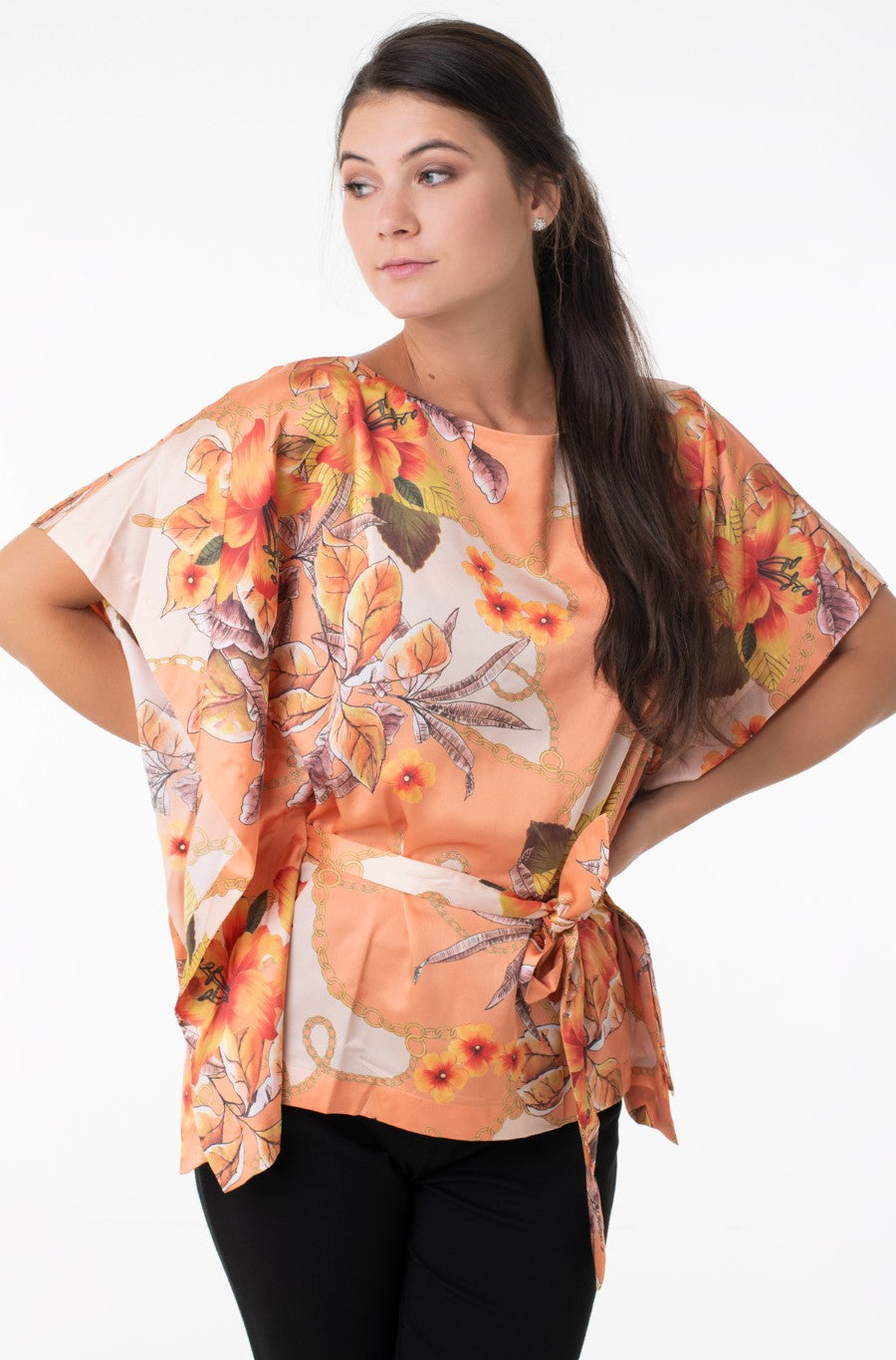 Marciano by Guess Diana Orange Floral Kimono Blouse – Side Tie Batwing Sleeve