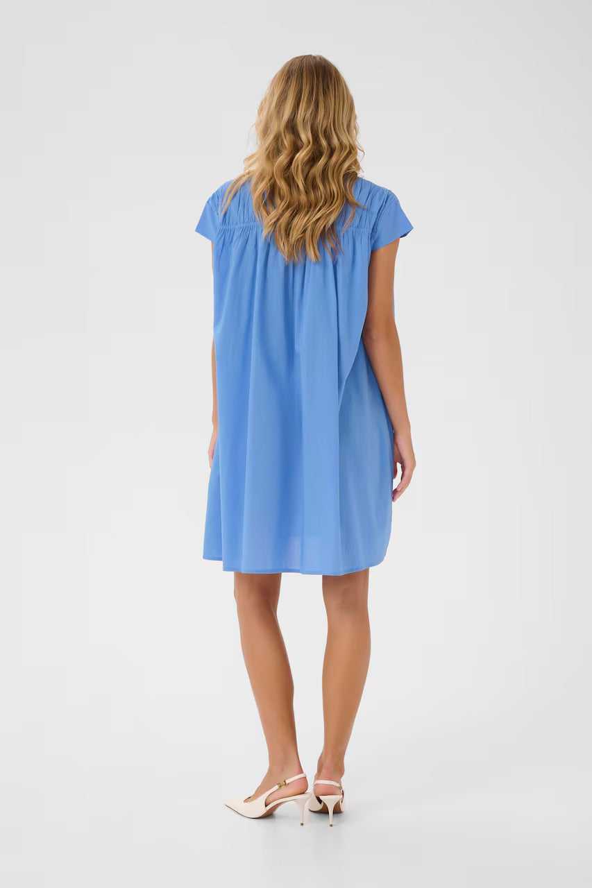 Kaffe KAThua Azure Blue Gathered V-Neck Mini Dress – Relaxed Fit Cap Sleeves Pockets | Women
