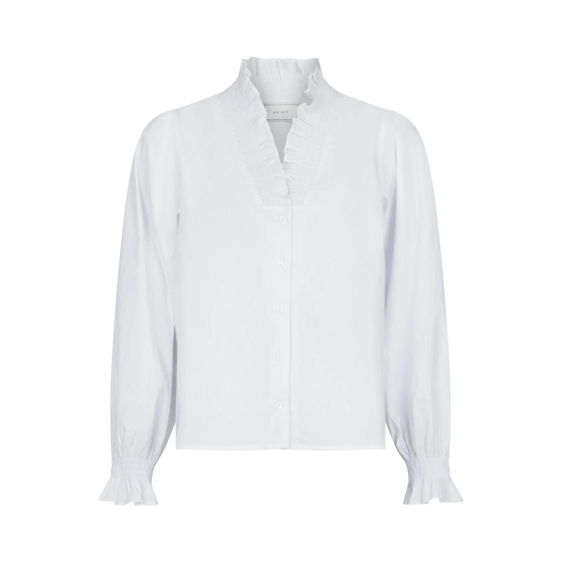 Neo Noir Briele White Ruffle Collar Blouse – Smocked Cuffs Balloon Sleeves | Women