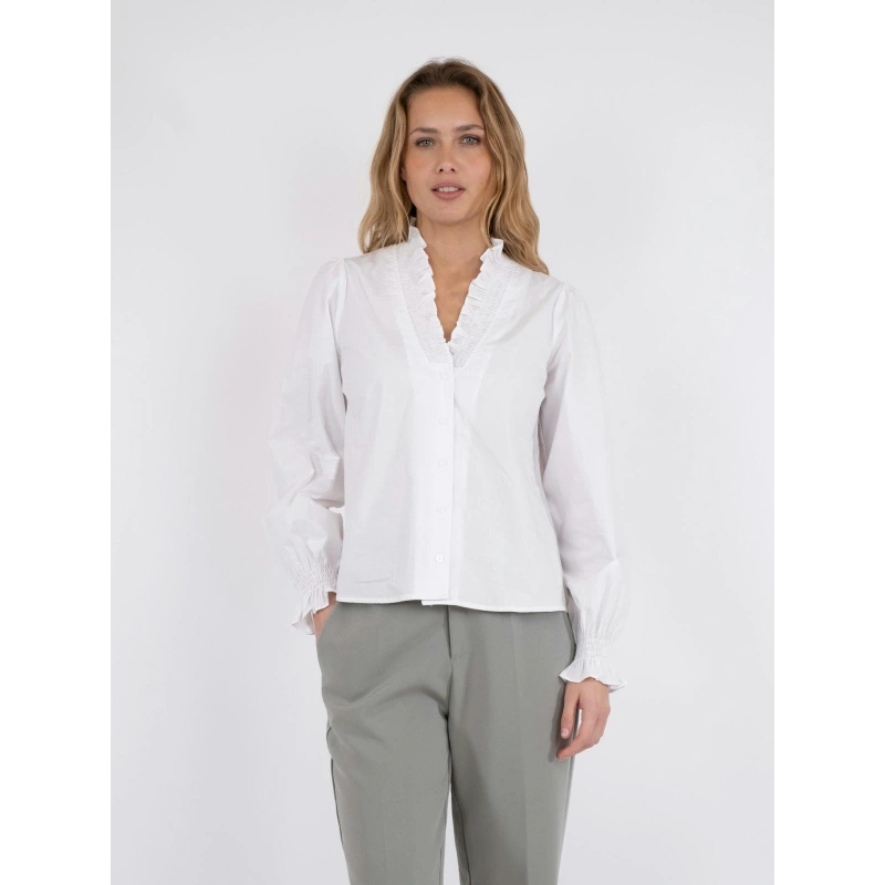 Neo Noir Briele White Ruffle Collar Blouse – Smocked Cuffs Balloon Sleeves | Women