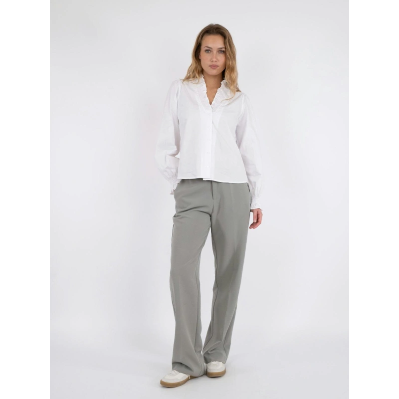 Neo Noir Briele White Ruffle Collar Blouse – Smocked Cuffs Balloon Sleeves | Women