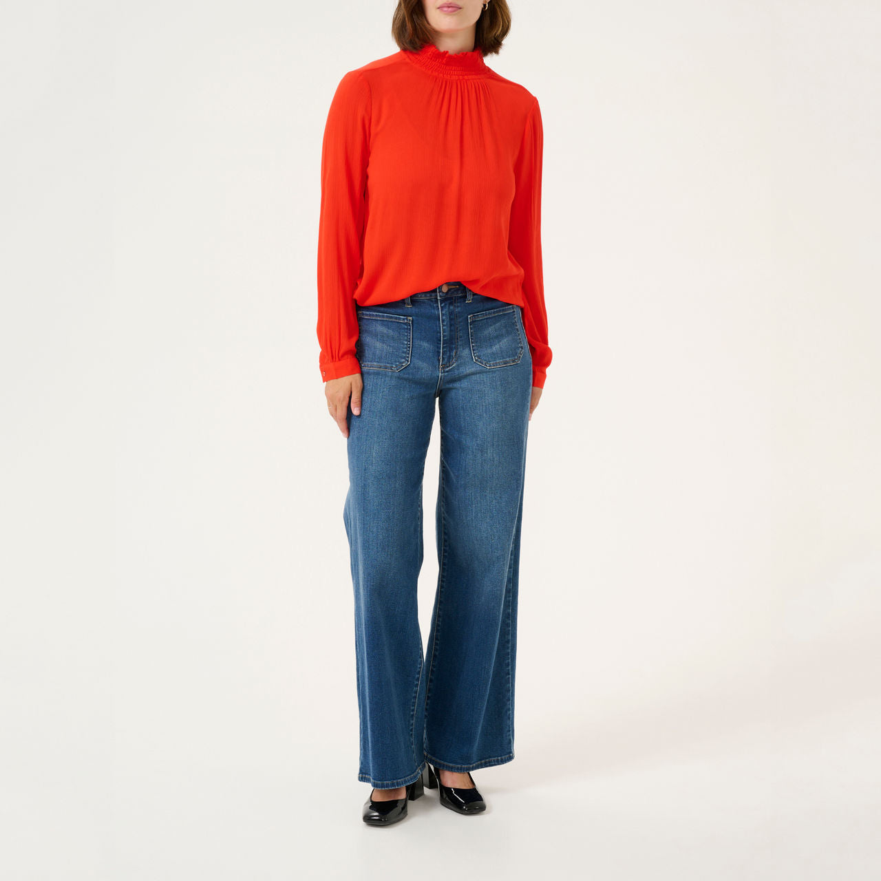 Kaffe Trine Red Orange Smocked Ruffle High Neck Blouse – Keyhole Back Long Sleeves Button Cuff | Women
