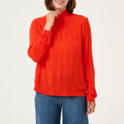 Kaffe Trine Red Orange Smocked Ruffle High Neck Blouse – Keyhole Back Long Sleeves Button Cuff | Women