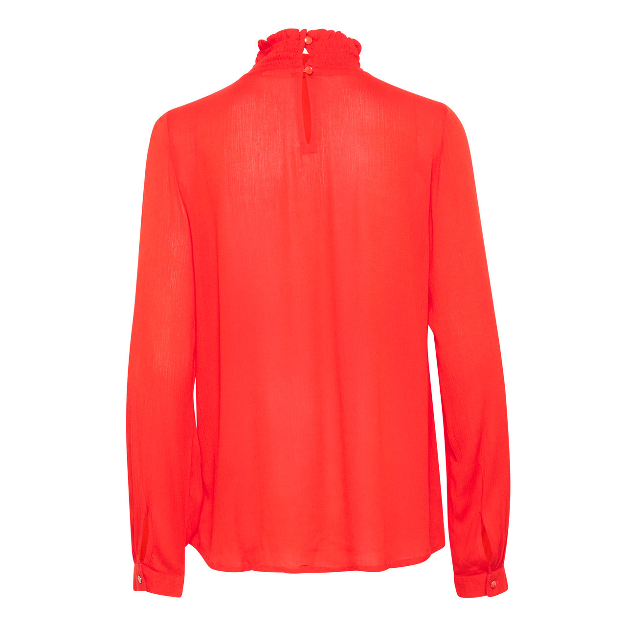 Kaffe Trine Red Orange Smocked Ruffle High Neck Blouse – Keyhole Back Long Sleeves Button Cuff | Women