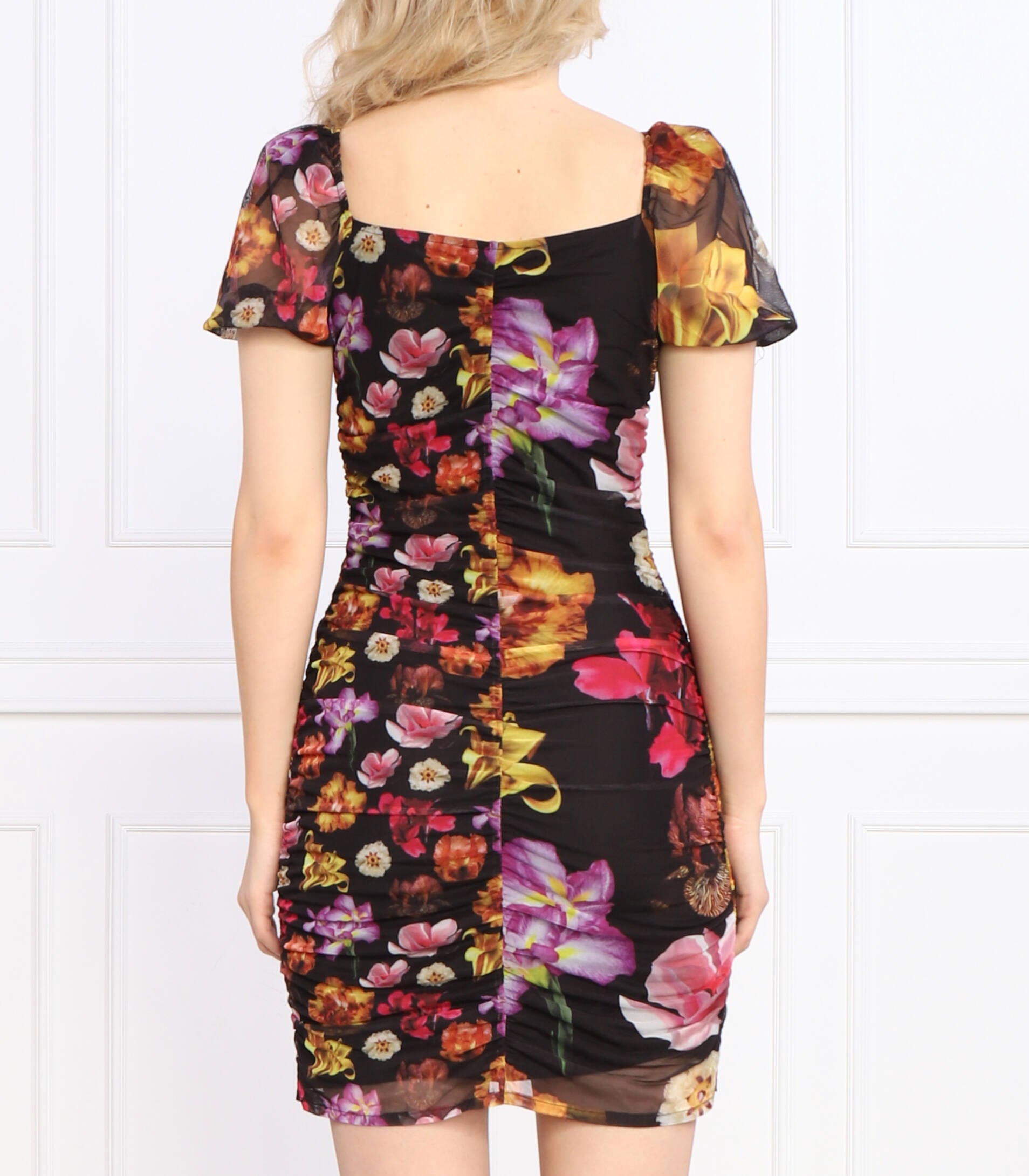 Desigual Floral Mesh Ruched Mini Dress – Black Multicolour