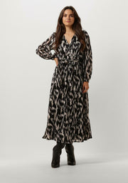 Neo Noir Louise Cheer Vibe Black Ikat Print Midi Dress – V-Neck Balloon Sleeves Belted | Women