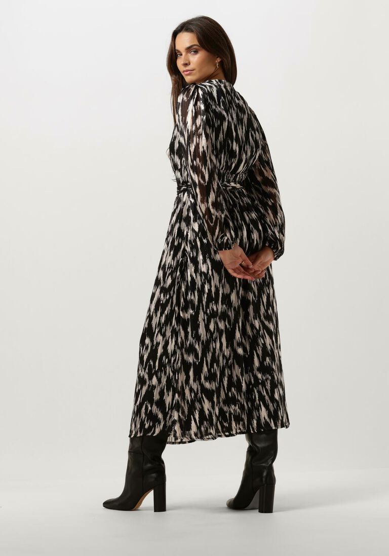Neo Noir Louise Cheer Vibe Black Ikat Print Midi Dress – V-Neck Balloon Sleeves Belted | Women