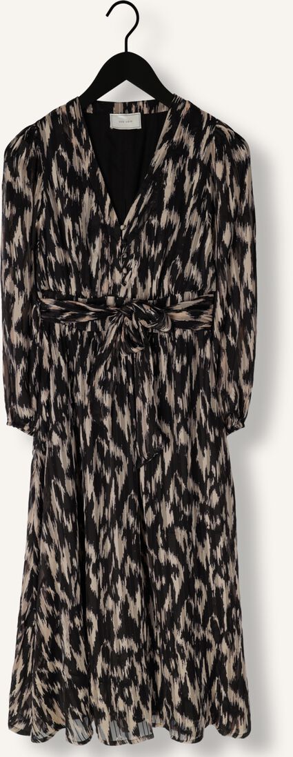 Neo Noir Louise Cheer Vibe Black Ikat Print Midi Dress – V-Neck Balloon Sleeves Belted | Women