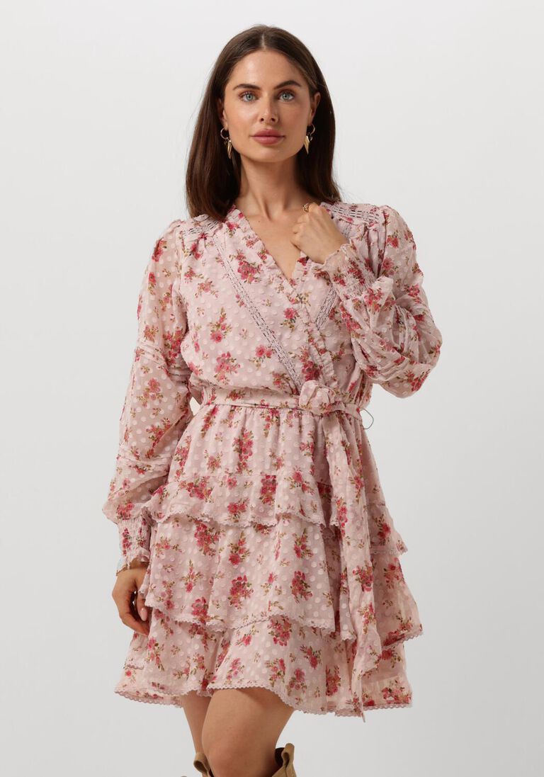Neo Noir Ada Dreamy Rose Pink Floral Chiffon Mini Dress – Lace Trim Tiered Skirt | Women