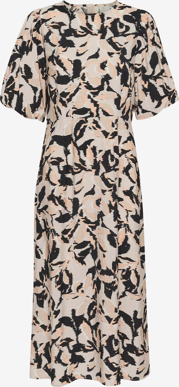 Kaffe KApaco Cream Black Abstract Floral Midi Dress – Round Neck Puff Sleeves A-Line | Women