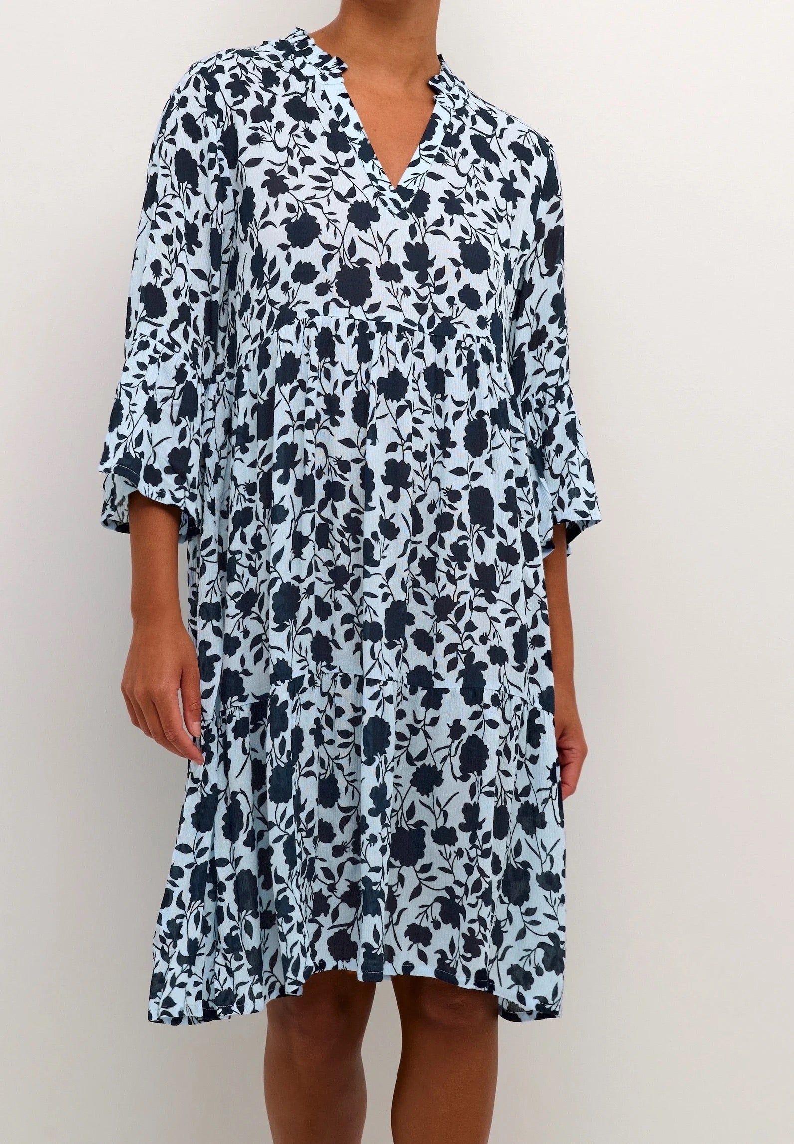 Kaffe KAisolde Ice Blue Navy Floral Print Midi Dress – Ruffle Collar 3/4 Bell Sleeves Tiered Hem | Women