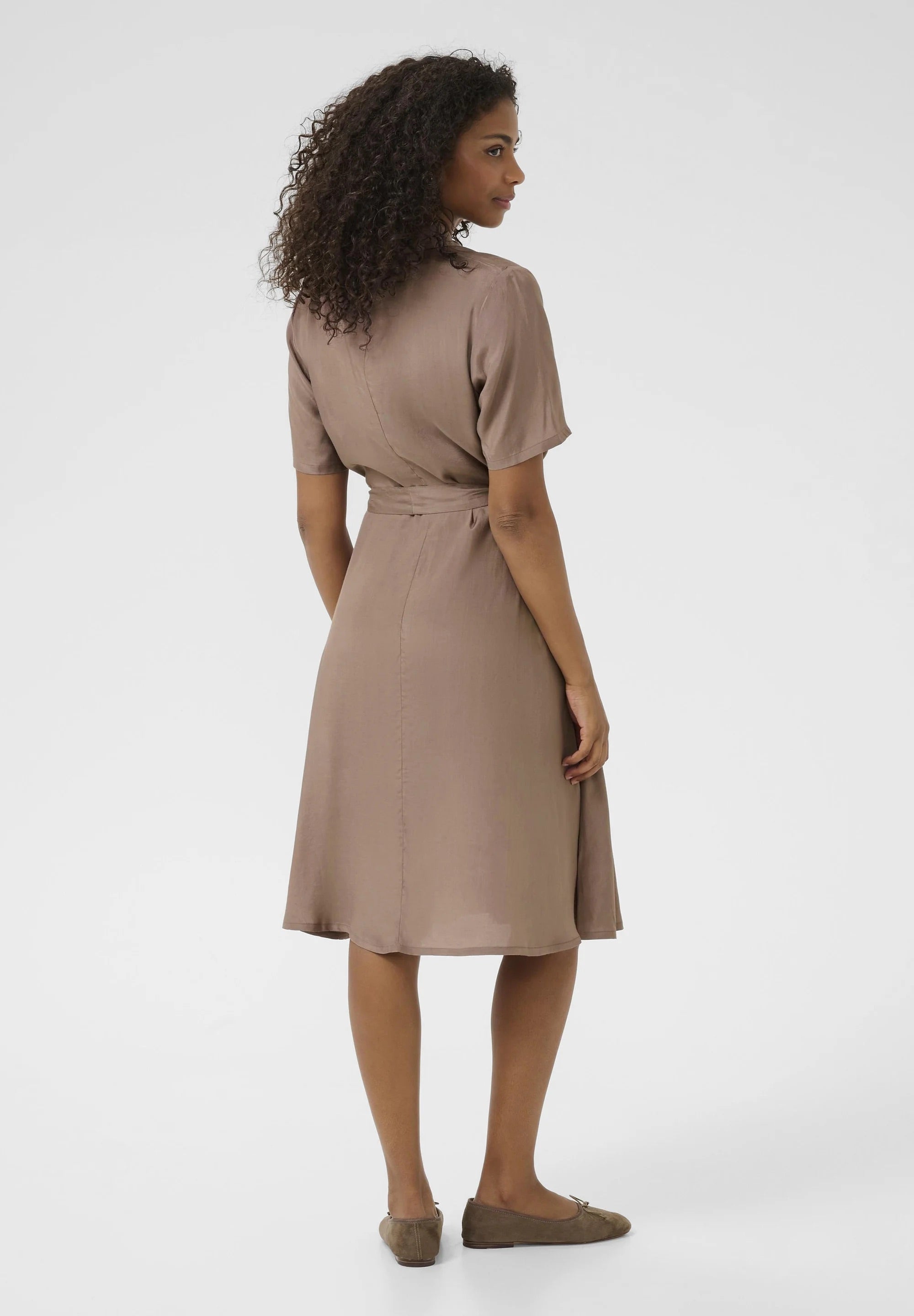 Kaffe KAemine Mocha Brown Satin Shirt Dress – Collar Neck Button Front Tie Waist Midi | Women