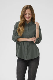 Kaffe KAnaya Short Balsam Green Button-Through Shirt Blouse – Classic Collar Roll-Up 3/4 Sleeves | Women