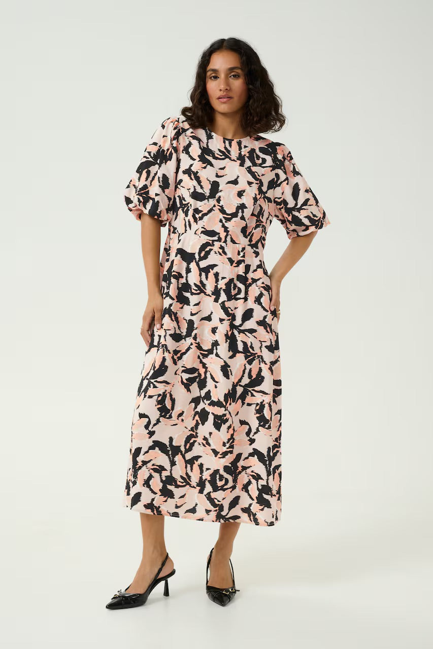 Kaffe KApaco Cream Black Abstract Floral Midi Dress – Round Neck Puff Sleeves A-Line | Women