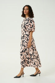 Kaffe KApaco Cream Black Abstract Floral Midi Dress – Round Neck Puff Sleeves A-Line | Women