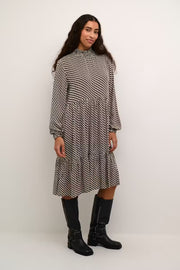 Kaffe KAamber Cream Black Geometric Cube Smocked High Neck Midi Dress – Long Puff Sleeves Tiered Frill Hem | Women