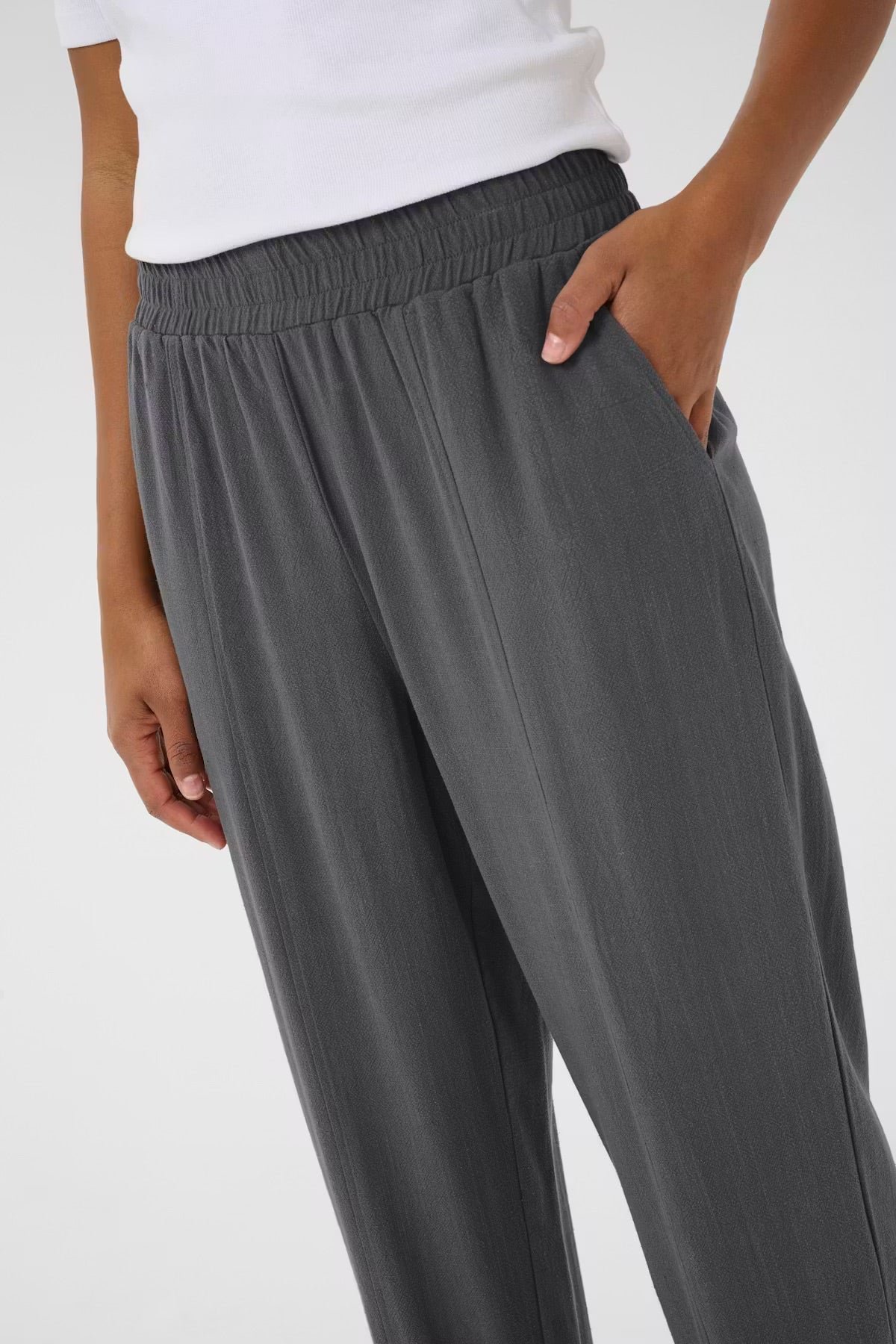 Kaffe KAliny Anthracite Grey Fluid Tapered Trousers – Smocked Elasticated Waist Side Pockets | Women