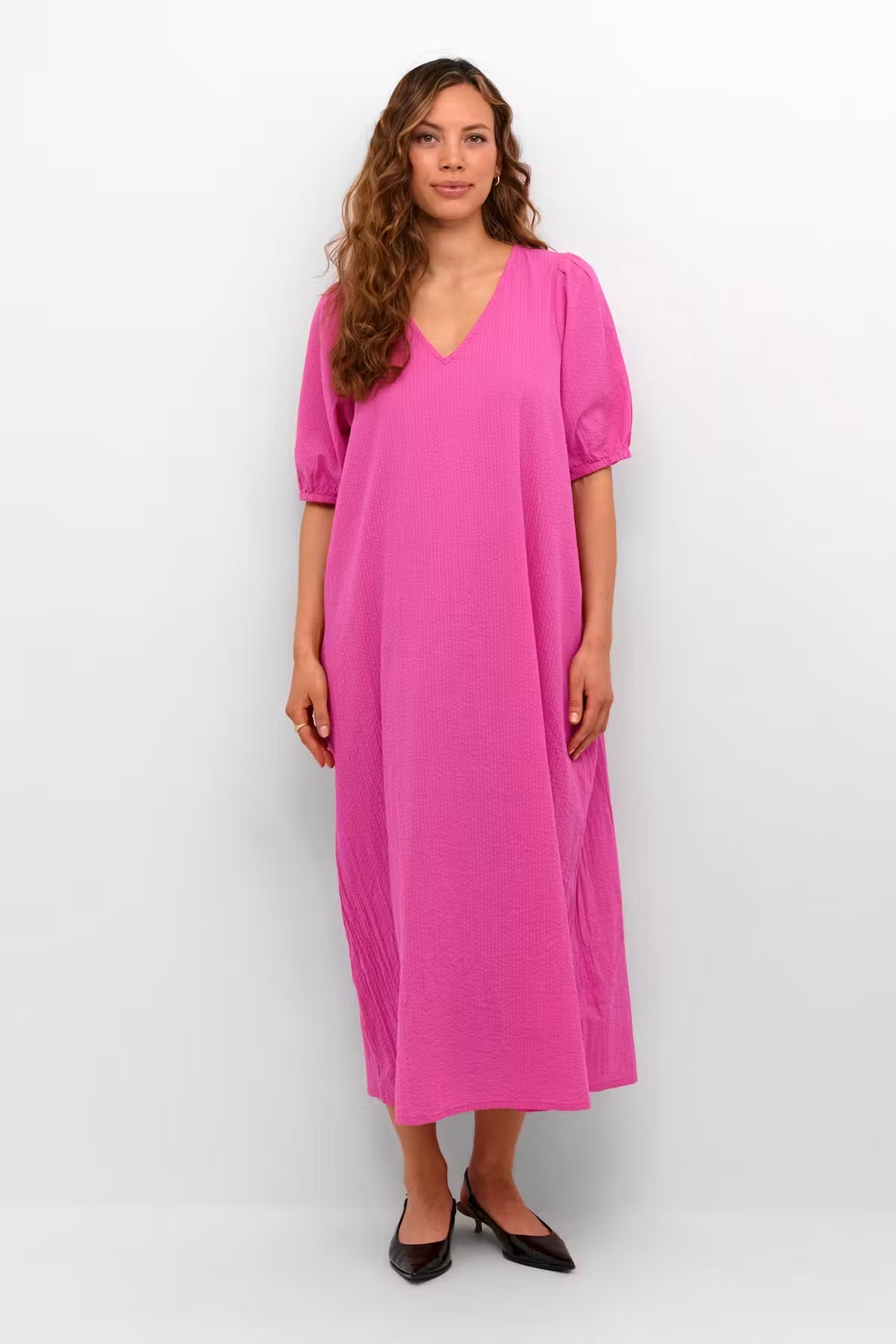 Kaffe KAlinn Hot Pink Oversized Maxi Dress – V-Neck Puff 3/4 Sleeves Side Pockets Relaxed Fit | Women