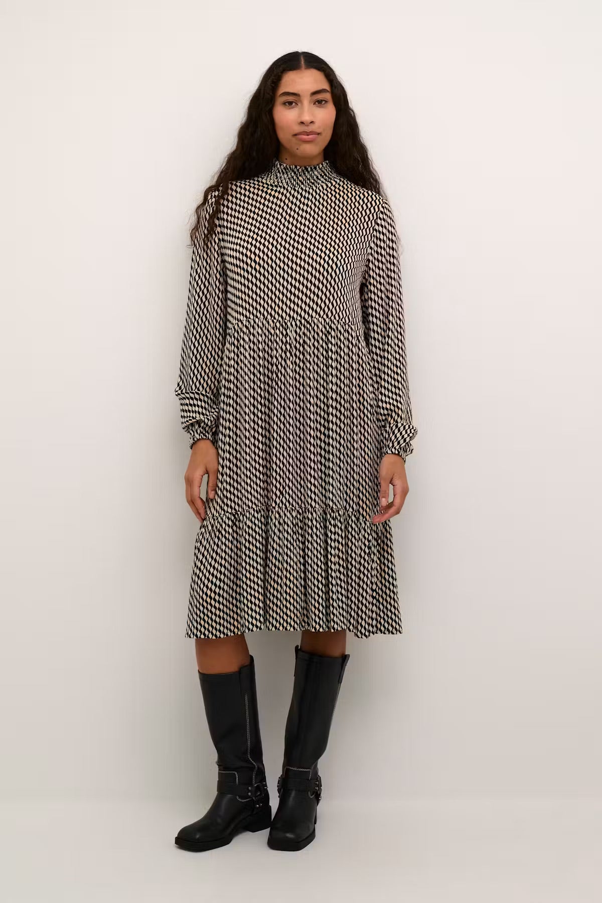 Kaffe KAamber Cream Black Geometric Cube Smocked High Neck Midi Dress – Long Puff Sleeves Tiered Frill Hem | Women