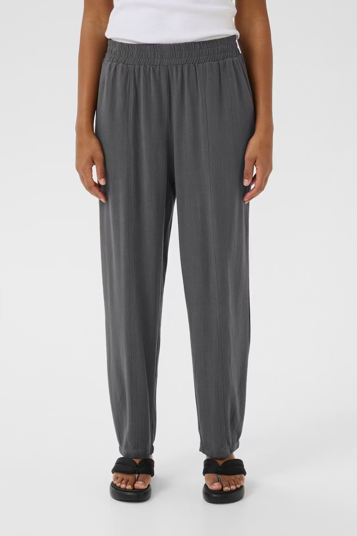 Kaffe KAliny Anthracite Grey Fluid Tapered Trousers – Smocked Elasticated Waist Side Pockets | Women