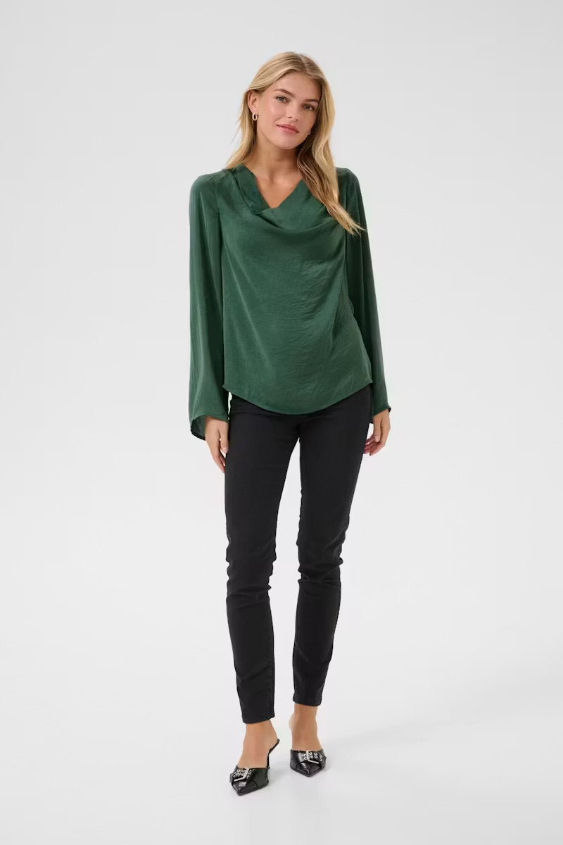 Kaffe KAariel Forest Green Satin Cowl Neck Blouse – Long Balloon Sleeves Button Cuffs Relaxed Fit | Women