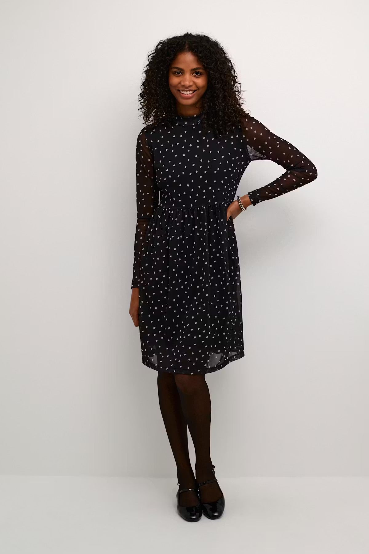 Kaffe KAjohanne Black White Polka Dot Mesh Dress – High Neck Sheer Long Sleeves Tiered | Women
