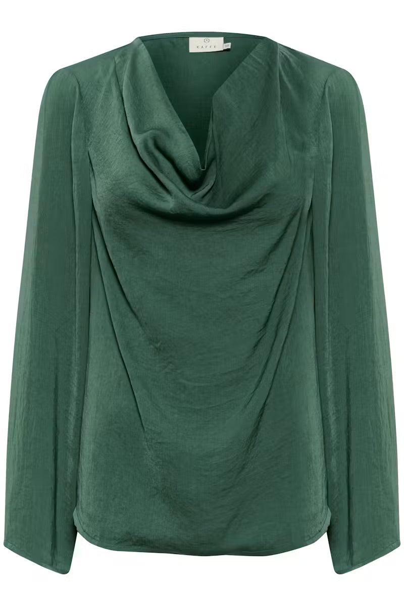 Kaffe KAariel Forest Green Satin Cowl Neck Blouse – Long Balloon Sleeves Button Cuffs Relaxed Fit | Women