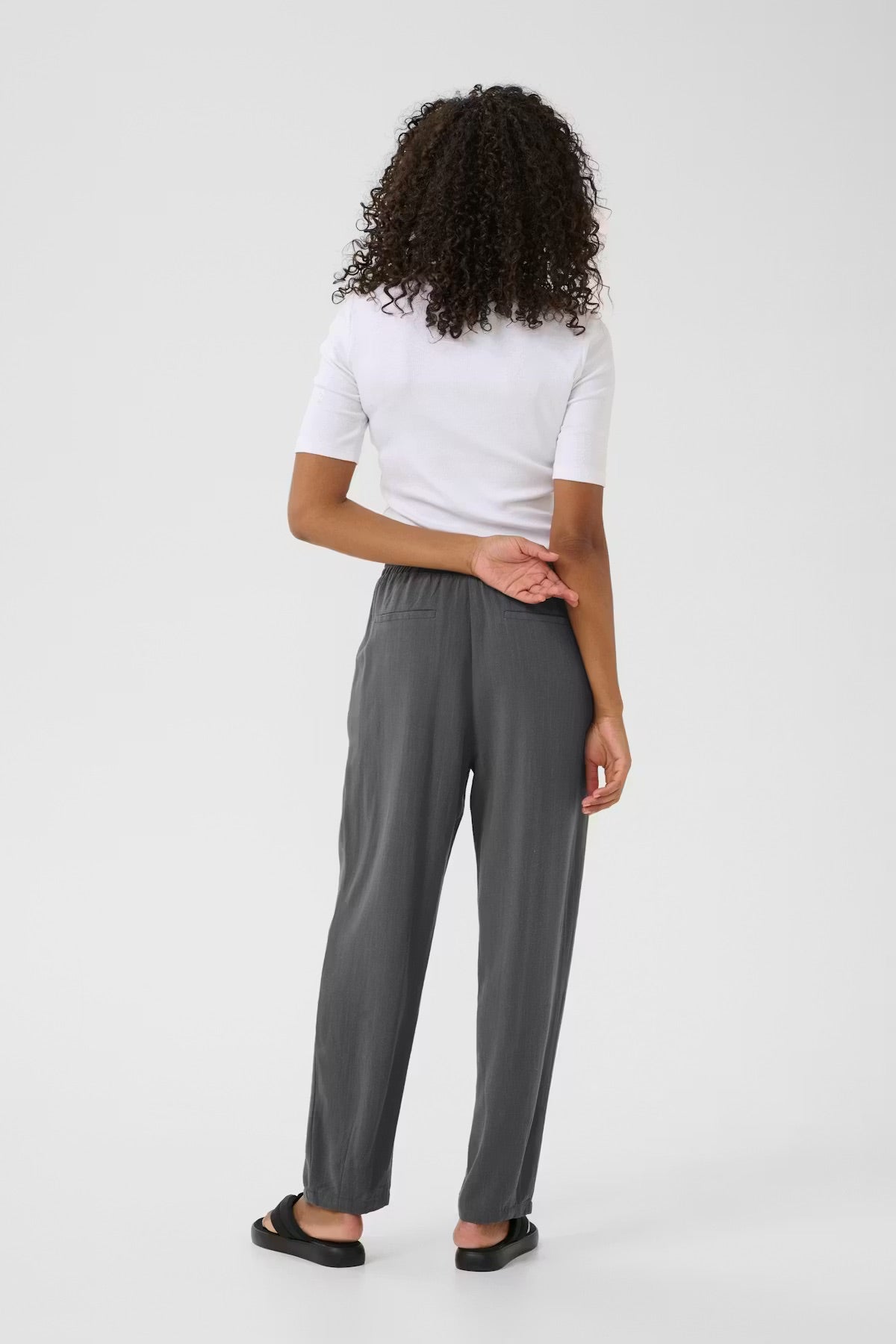 Kaffe KAliny Anthracite Grey Fluid Tapered Trousers – Smocked Elasticated Waist Side Pockets | Women