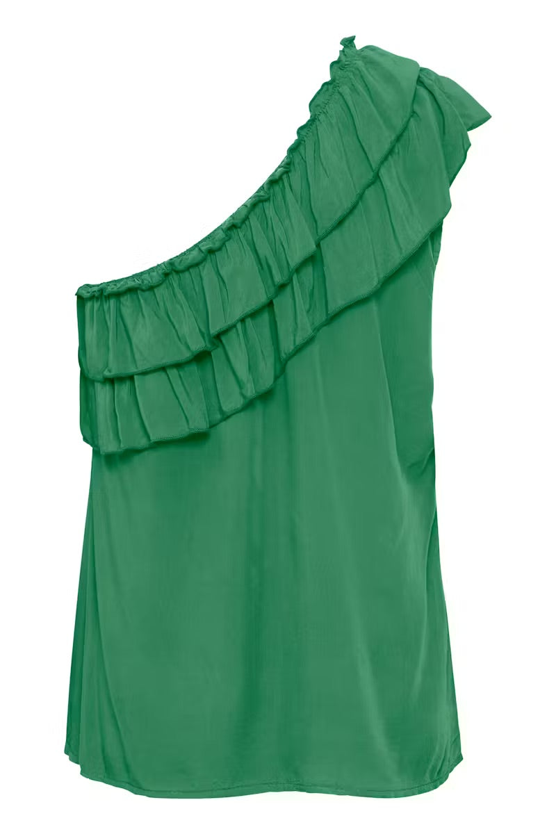 b.young BXHeidy One-Shoulder Ruffle Blouse - Emerald Green
