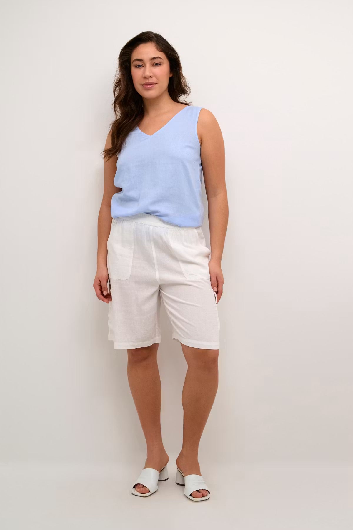 Kaffe KAmilia Off-White Linen Bermuda Shorts – Elasticated Waist Patch Pockets Relaxed Fit | Women