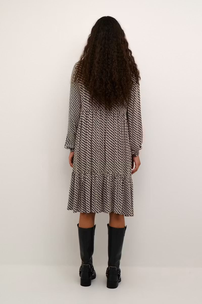 Kaffe KAamber Cream Black Geometric Cube Smocked High Neck Midi Dress – Long Puff Sleeves Tiered Frill Hem | Women
