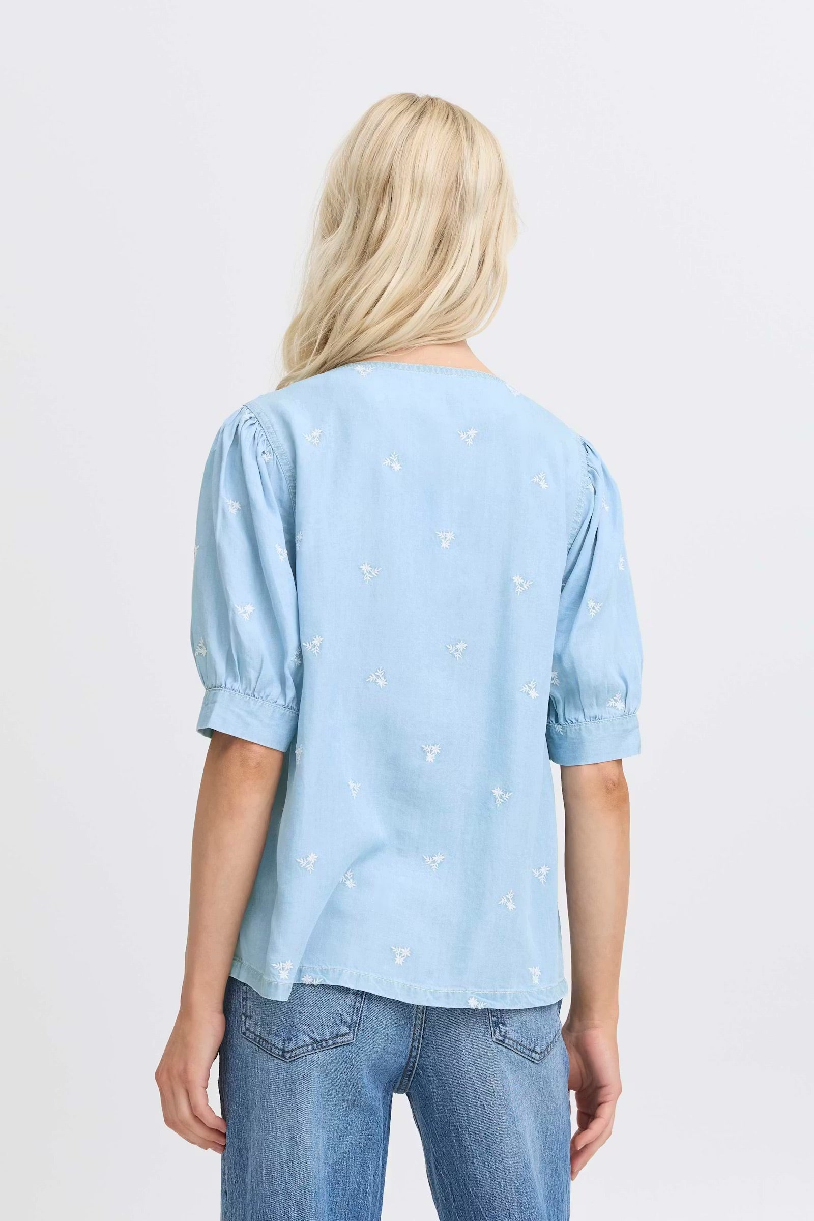 b.young Bykosmo Embroidered Floral Blouse - Light Blue