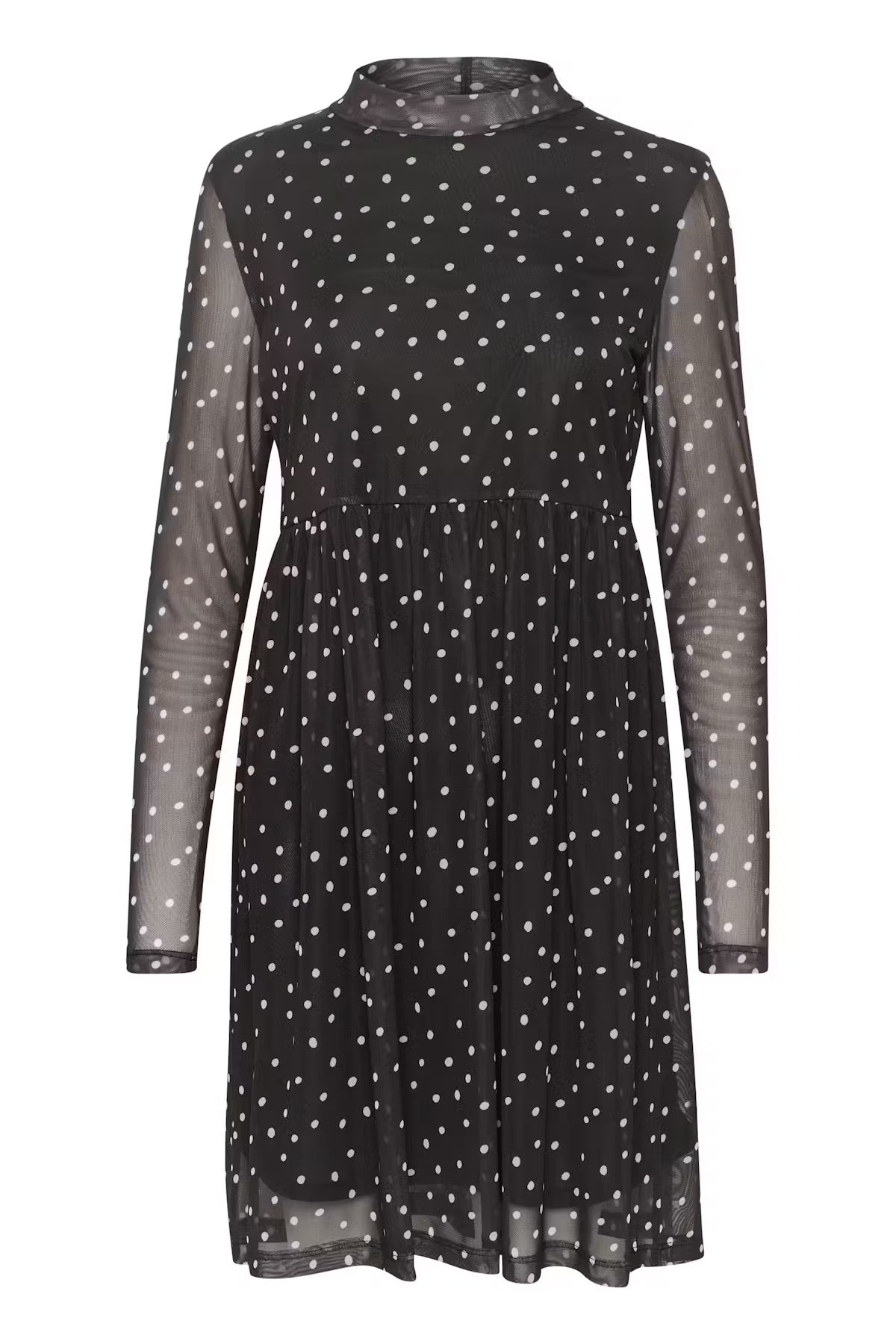 Kaffe KAjohanne Black White Polka Dot Mesh Dress – High Neck Sheer Long Sleeves Tiered | Women