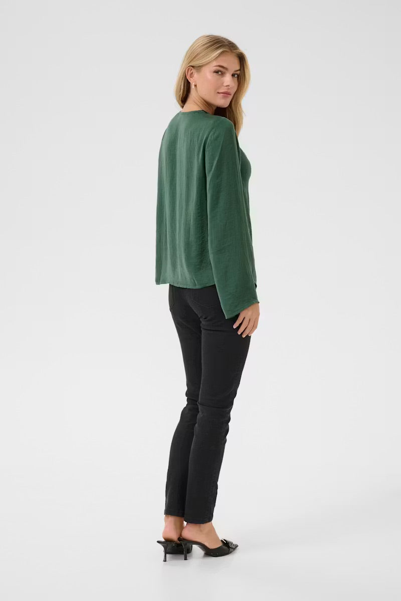 Kaffe KAariel Forest Green Satin Cowl Neck Blouse – Long Balloon Sleeves Button Cuffs Relaxed Fit | Women