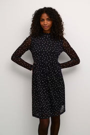 Kaffe KAjohanne Black White Polka Dot Mesh Dress – High Neck Sheer Long Sleeves Tiered | Women